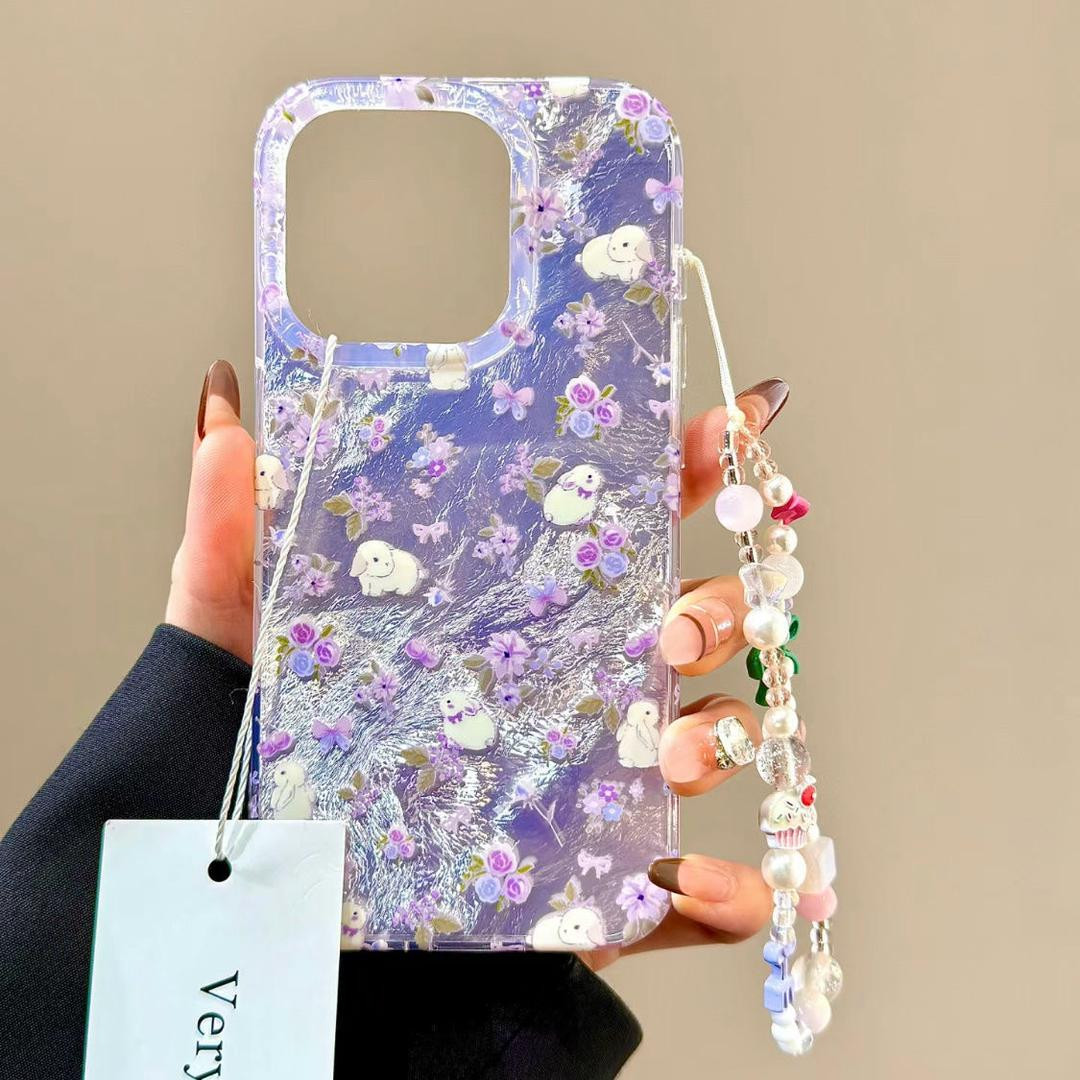 غطاء جوال بنقشة أزهار وأرنب كيوت ?? ستايل كوري ناعم يناسب آيفون 11 إلى16