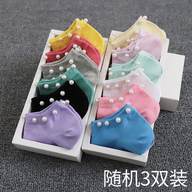 جوارب نسائية كورية بتصميم لطيف مزينة بخرز اللؤلؤ – طقم من ثلاث أزواج