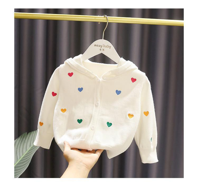 جاكيت بناتي صوفي محبوك بقلوب ملونة، بتصميم لطيف مع قبعة، مناسب للخريف والشتاء