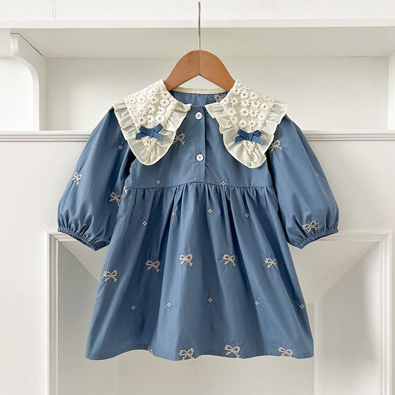 فستان بناتي ناعم بتطريز جميل وربطة