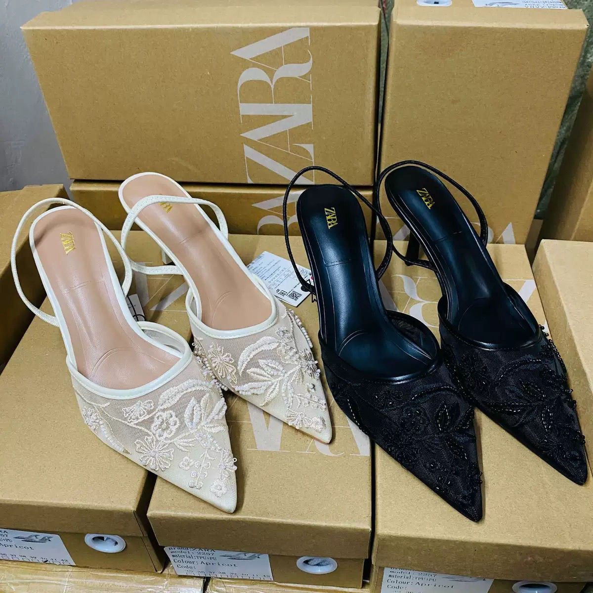 كعب نسائي أنيق بتصميم ZARA مطرّز فاخر ? بخامة شبكية ناعمة وكعب رفيع مريح لإطلالة فخمة وأنثوية ✨