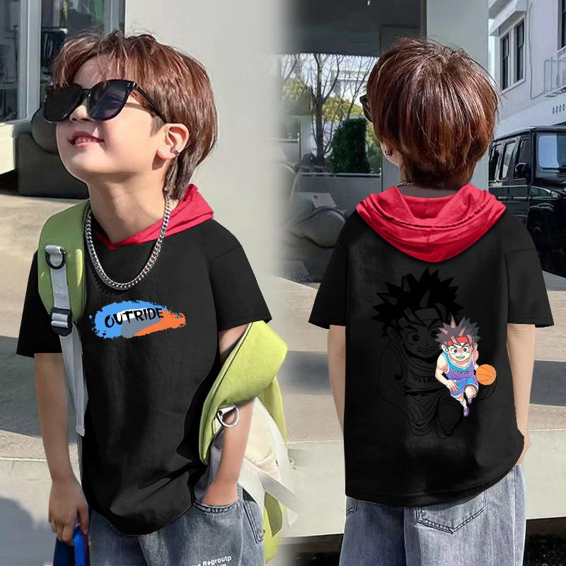 طقم تي شيرت أولاد (بلوزة نص كم بقبعة)