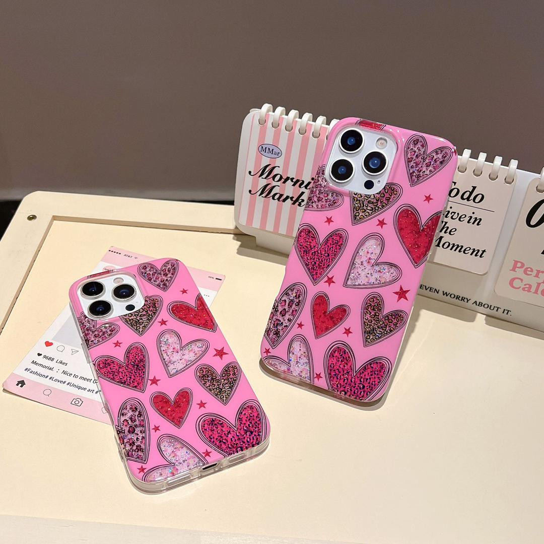 (كفر آيفون جديد – تصميم قلوب مع وميض ولامع بنقشة جلد الفهد، مناسب لآيفون لجميع المقاسات