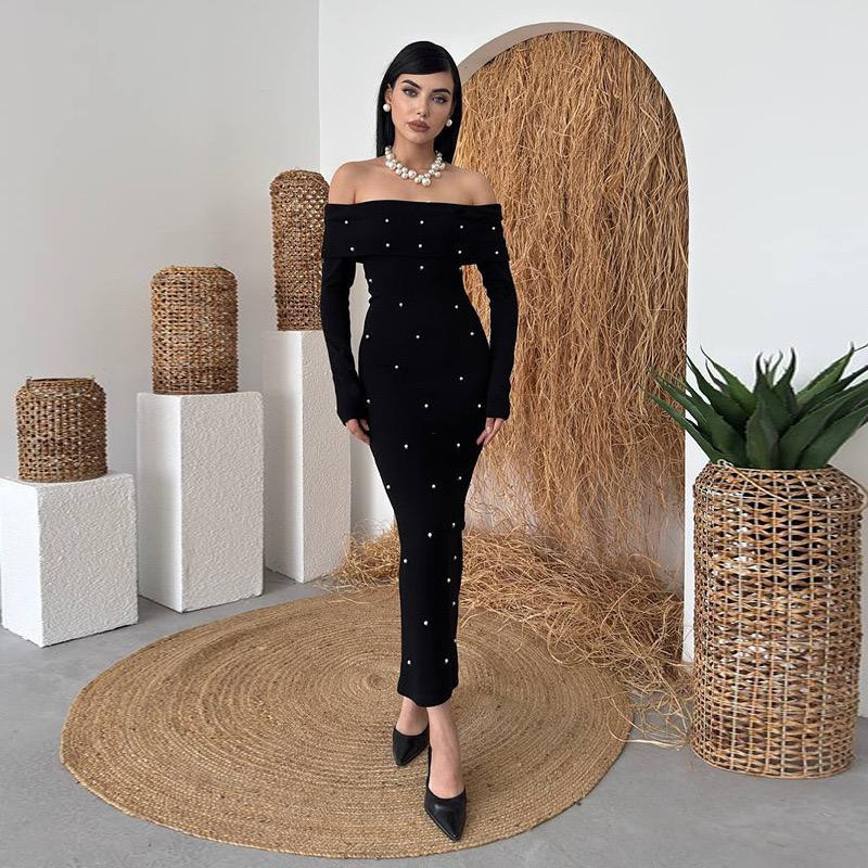 فستان سهرة بأكتاف مكشوفة مزين باللؤلؤ على الطراز الأوروبي والأمريكي، 2025 خريف جديد، موضة عبر الحدود، أنيق بقصة ضيقة لإبراز القوام