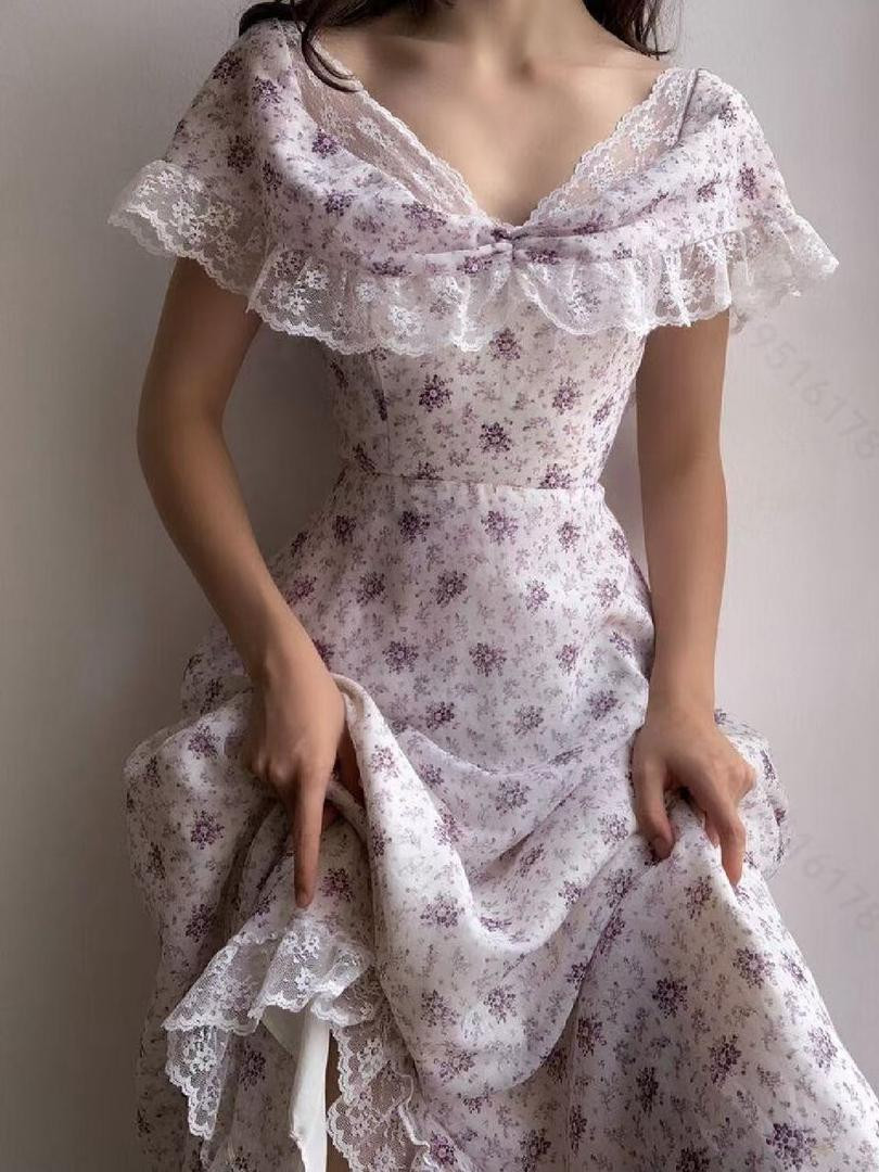 فستان نسائي صيفي جديد، شيفون مطبوع بالزهور، خصر مجسم لإبراز النحافة، ستايل عطلات أنيق، مزين بدانتيل، بطابع أميرة حالم ورومانسي