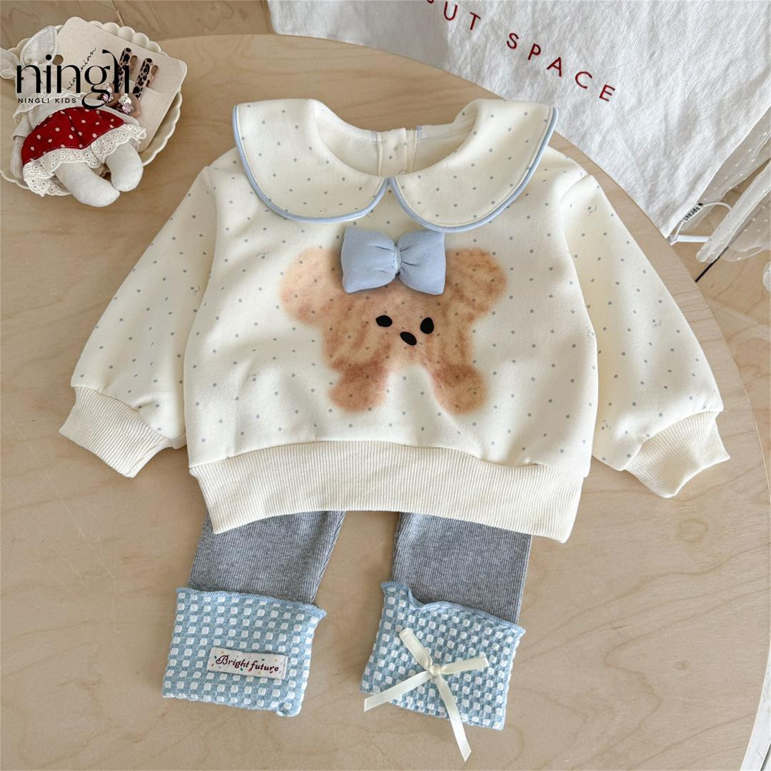 طقم بناتي خريفي 2025 – سويت شيرت طويل الأكمام برسمة كلب كاجوال للأطفال (قطعتين)