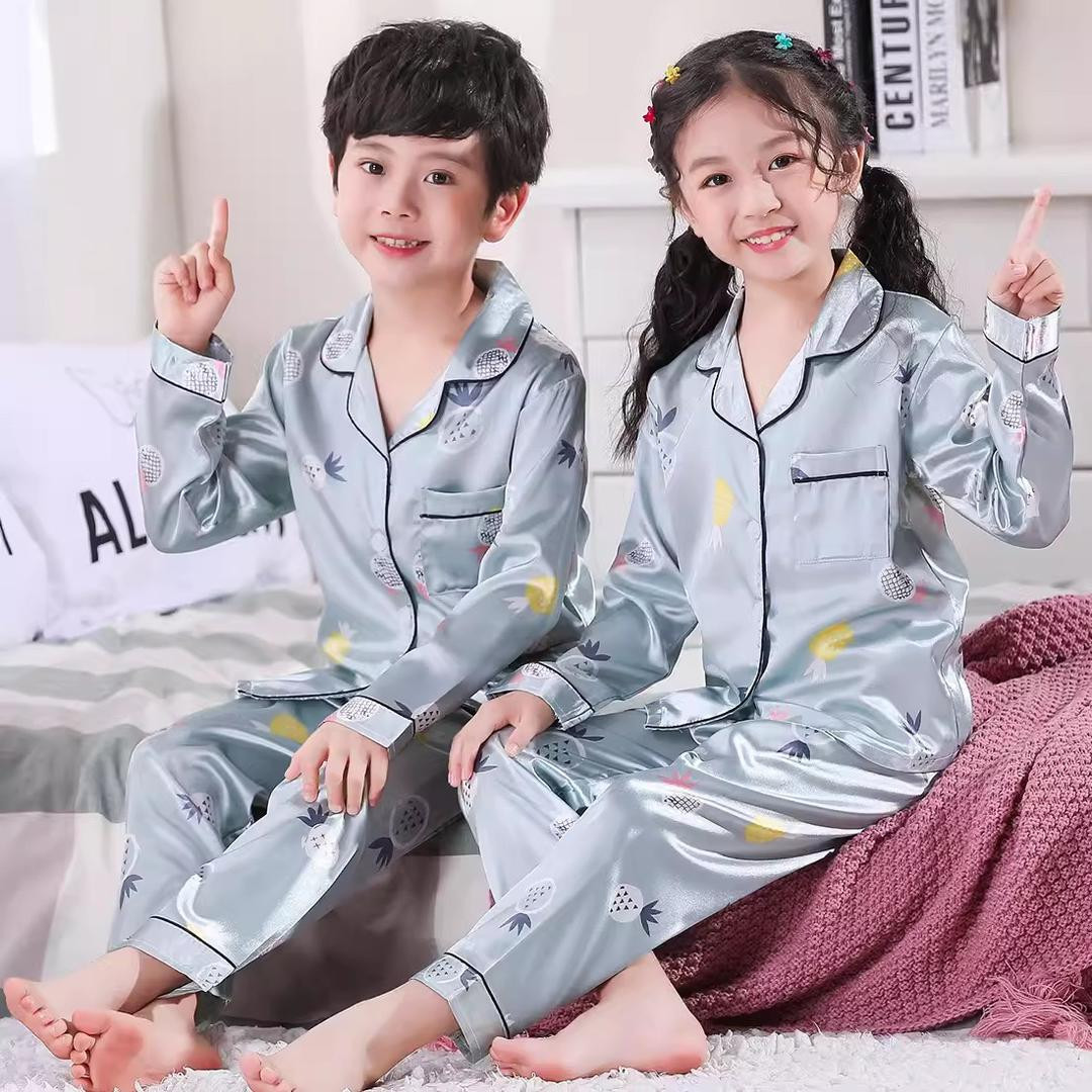 بيجاما أطفال (قماش حرير جليد خفيف) قصيرة الأكمام، للبنين والبنات