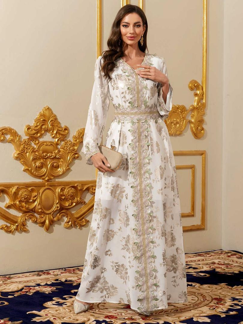 جلابية عربي طويل دانتيل بأكمام طويلة وياقة V أنيقة