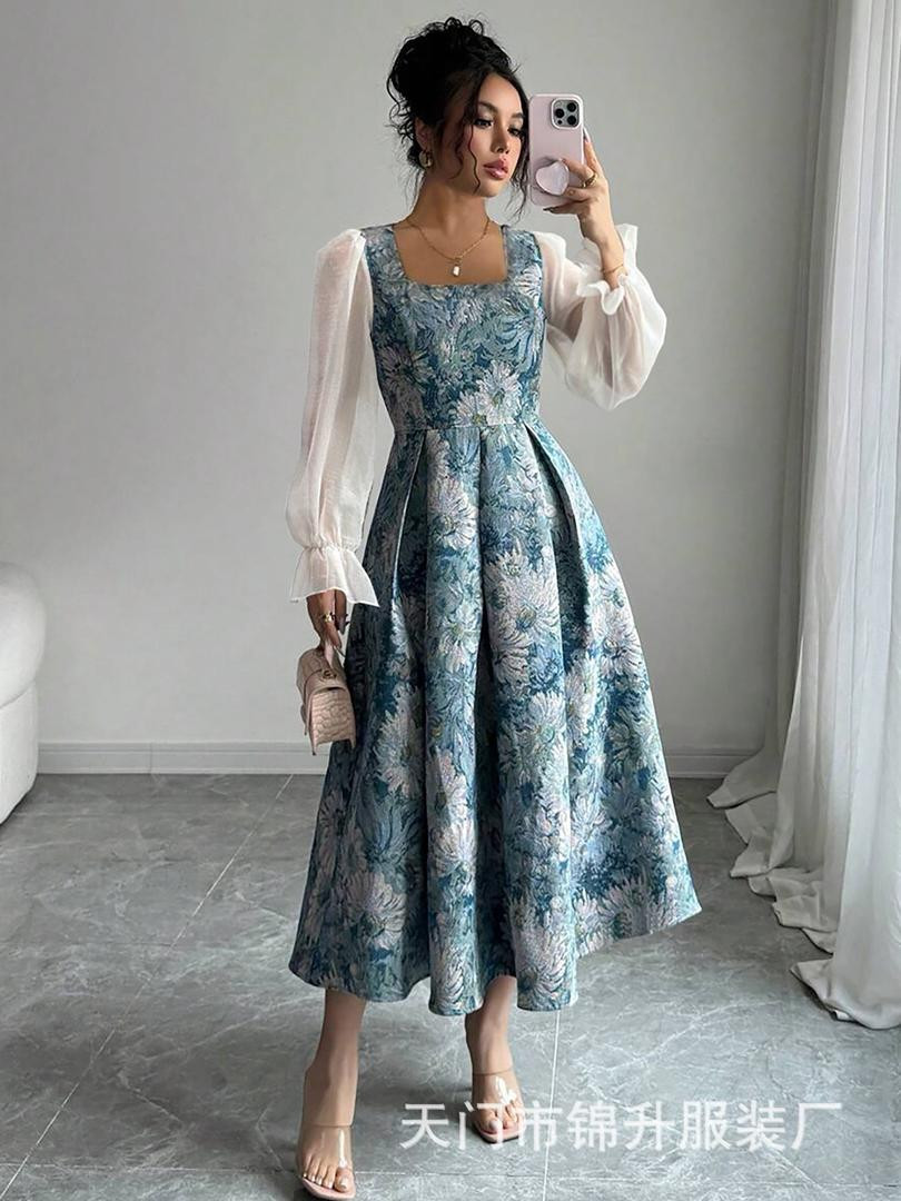 فستان نسائي أنيق بطابع فني زيتي، خصر محدد، أكمام مزيّاة