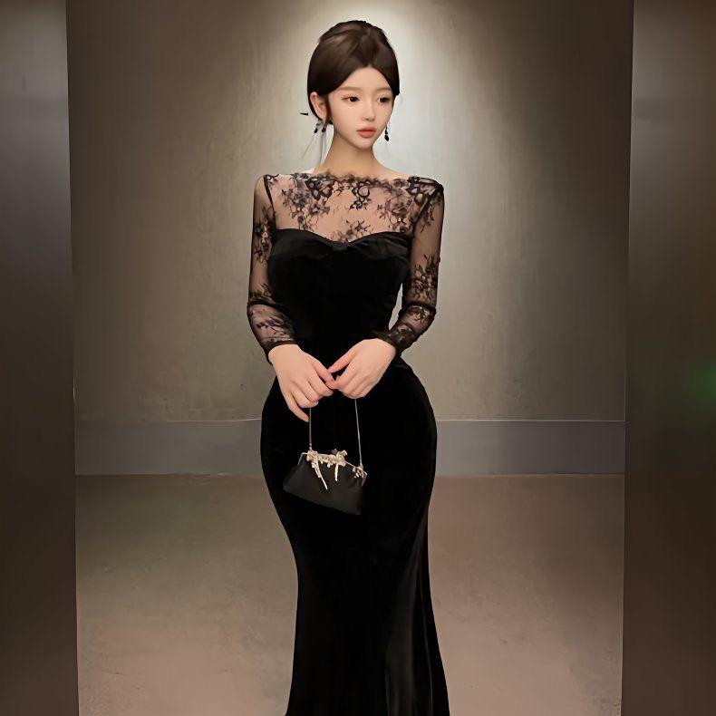 فستان أسود فاخر بتفاصيل دانتيل راقٍ وتطريز أنيق تصميم فرنسي أنثوي