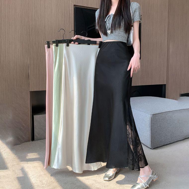 تنورة نسائية بلمسة دانتيل، قماش ساتان أسيتات، ستايل صيني عصري جديد، نصف تنورة لربيع وصيف