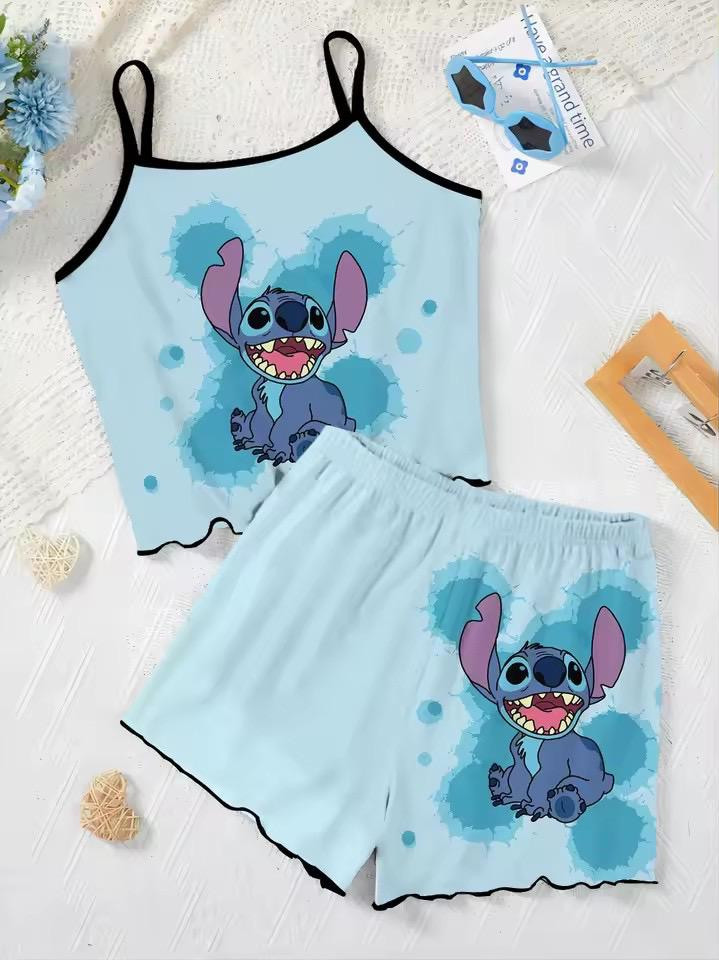 بيجامة نسائية صيفية جديدة بحمالة وشورت بطبعة ستيتش، موضة رائجة في أوروبا وأمريكا