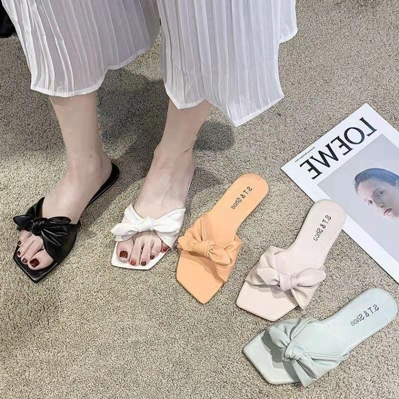 شبشب نسائي صيفي عصري، تصميم كوري جديد، مسطح بفيونكة، مناسب للخروج والشاطئ، أنيق ومريح.