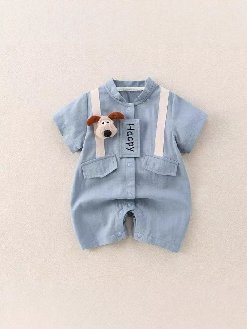 رامبرز (أفرول) أولادي بتصميم كوري لطيف/حديث، حمالات خلفية قصيرة الأكمام — مناسب للمولود وحتى عمر صغير