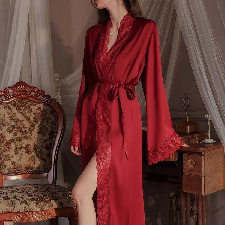 لبس نوم نسائي طويل – قماش ساتان بارد، بأكمام طويلة،