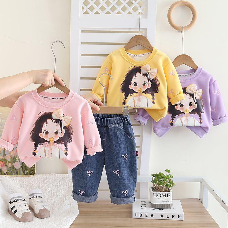 طقم بناتي شتوي/خريفي مكوّن من قطعتين: سويت شيرت كاجوال + بنطال أنيق للّعب والخروجات