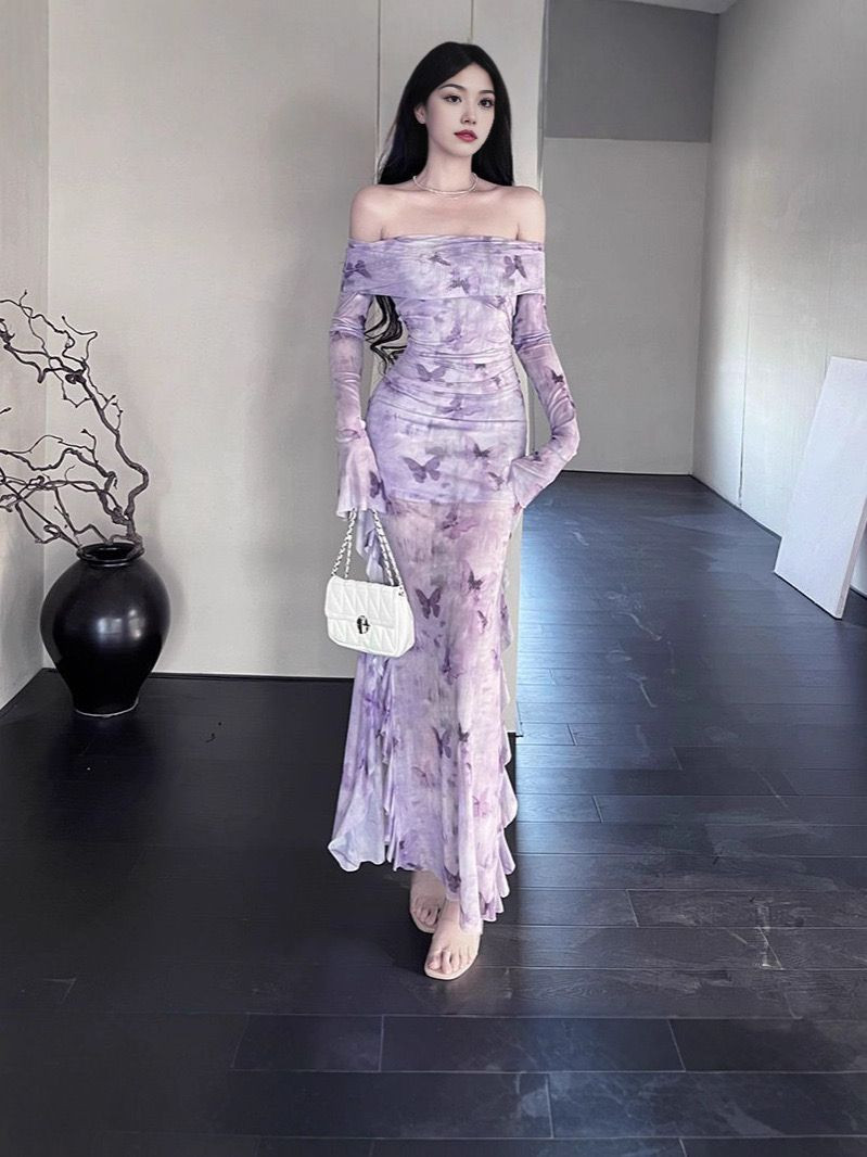 فستان نسائي طويل( أكتاف مكشوفة-لون بنفسجي)