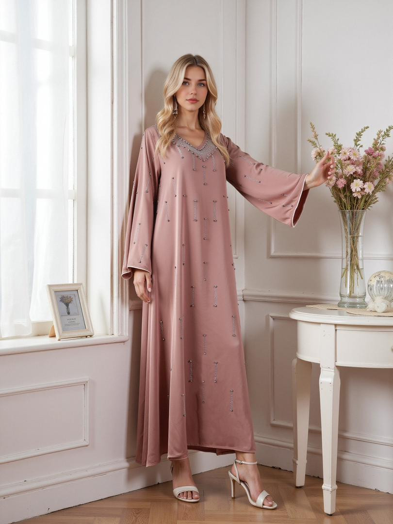 فستان قفطان نسائي – تصميم إسلامي بسيط بلون موحّد، ستايل دبي وخليجي عصري)