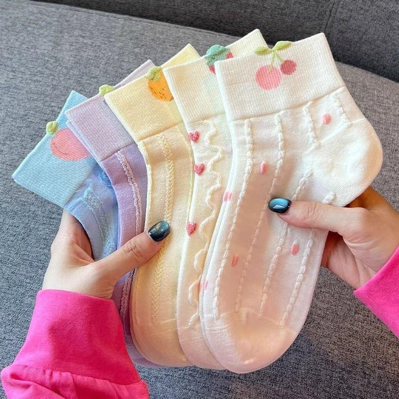 5 قطع جوارب أطفال بنات قطنية مضادة للبكتيريا والروائح –ربيعية/خريفية، متوسطة الساق، شبكية، مزينة بزهور وحواف أميرة، مناسبة للبنات والطالبات.