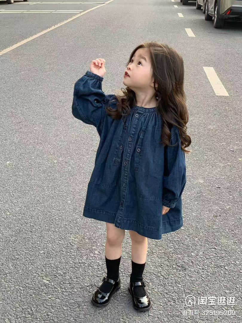 فستان أطفال بليزر دنيم بياقة وقّوف وأزرار أمامية للموسمين ربيع وخريف