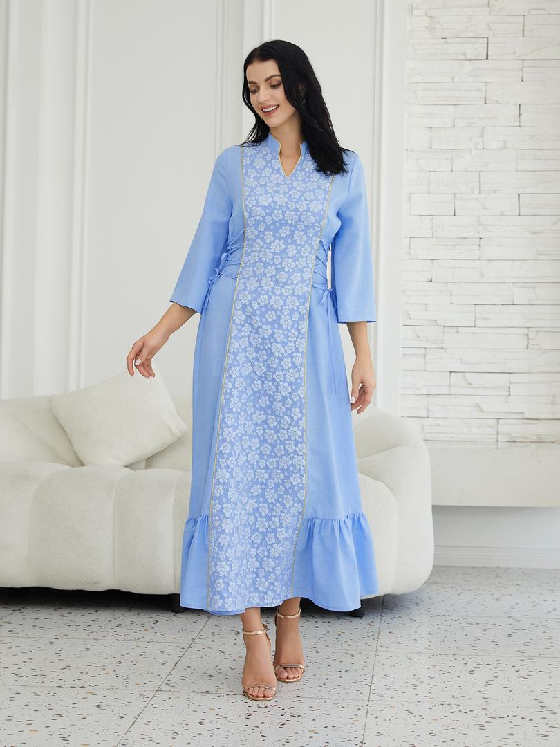 فستان نسائي بتطريز جاكار أنيق، بأكمام طويلة، ياقة V، حزام عند الخصر لتحديد القَصّة