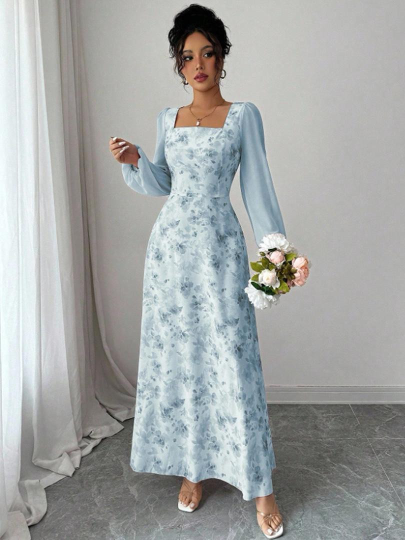 فستان شيفون فرنسي من رويهـو بطبعة زهور صغيرة وتصميم ضيق راقٍ