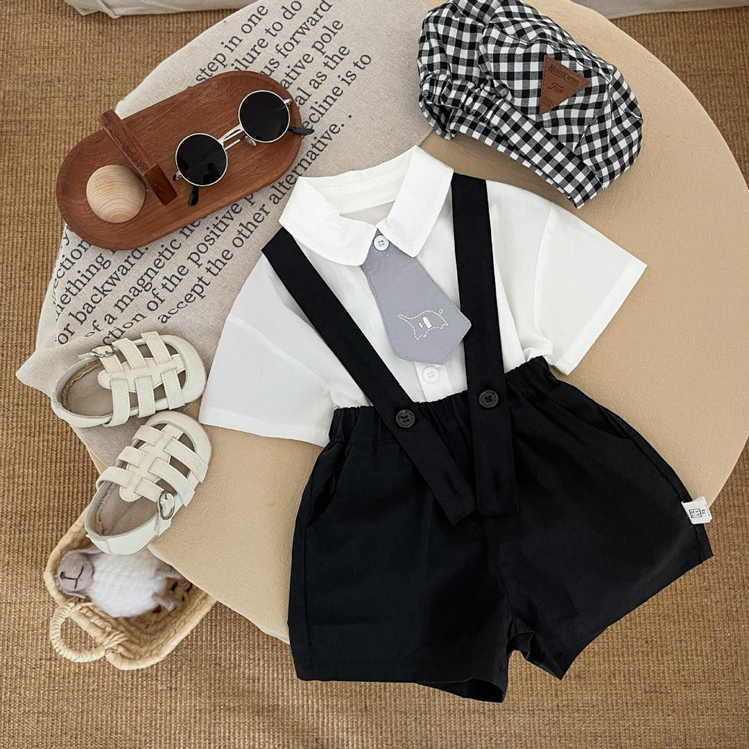 طقم أطفال أولاد رسمي (قميص بربطة عنق + شورت بفتحة حمالات)