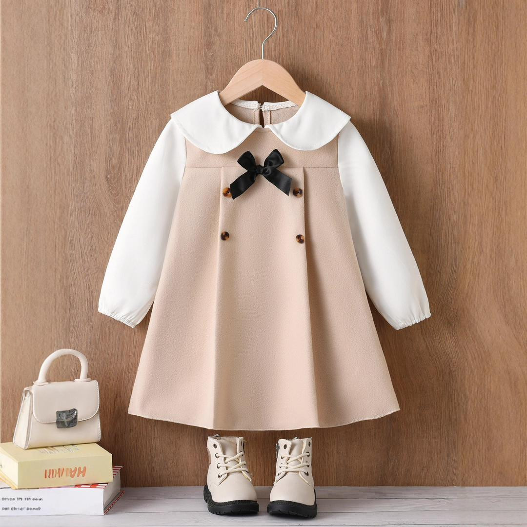 فستان بناتي خريفي شتوي بياقة مع ربطة