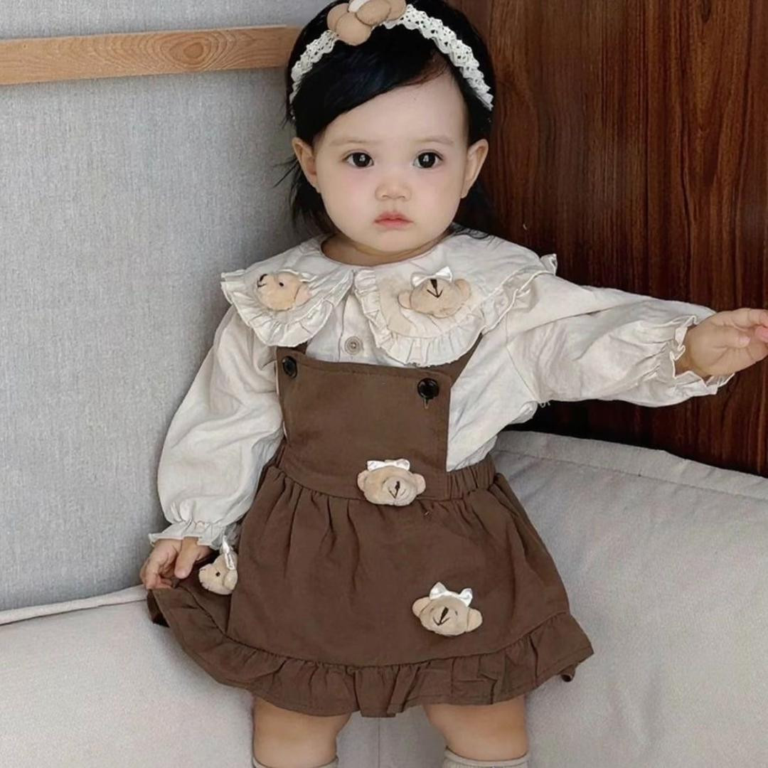 طقم بناتي مكوّن من قطعتين بتصميم دب كيوت — لباس مواليد ورضّع للخروج والمناسبات
