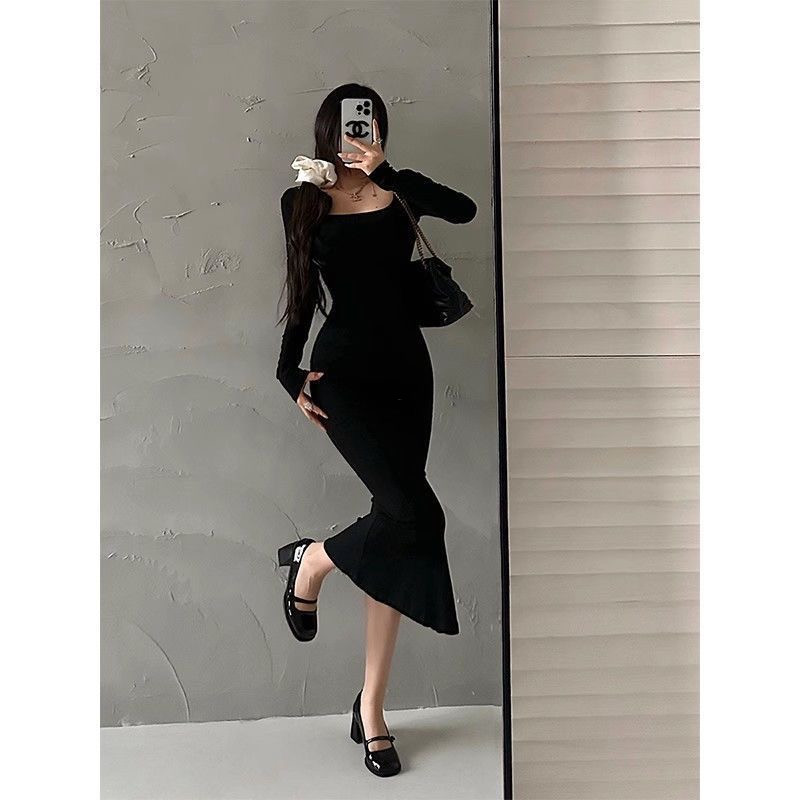 فستان ضيق ناعم بأكتاف رفيعة – لون أسود