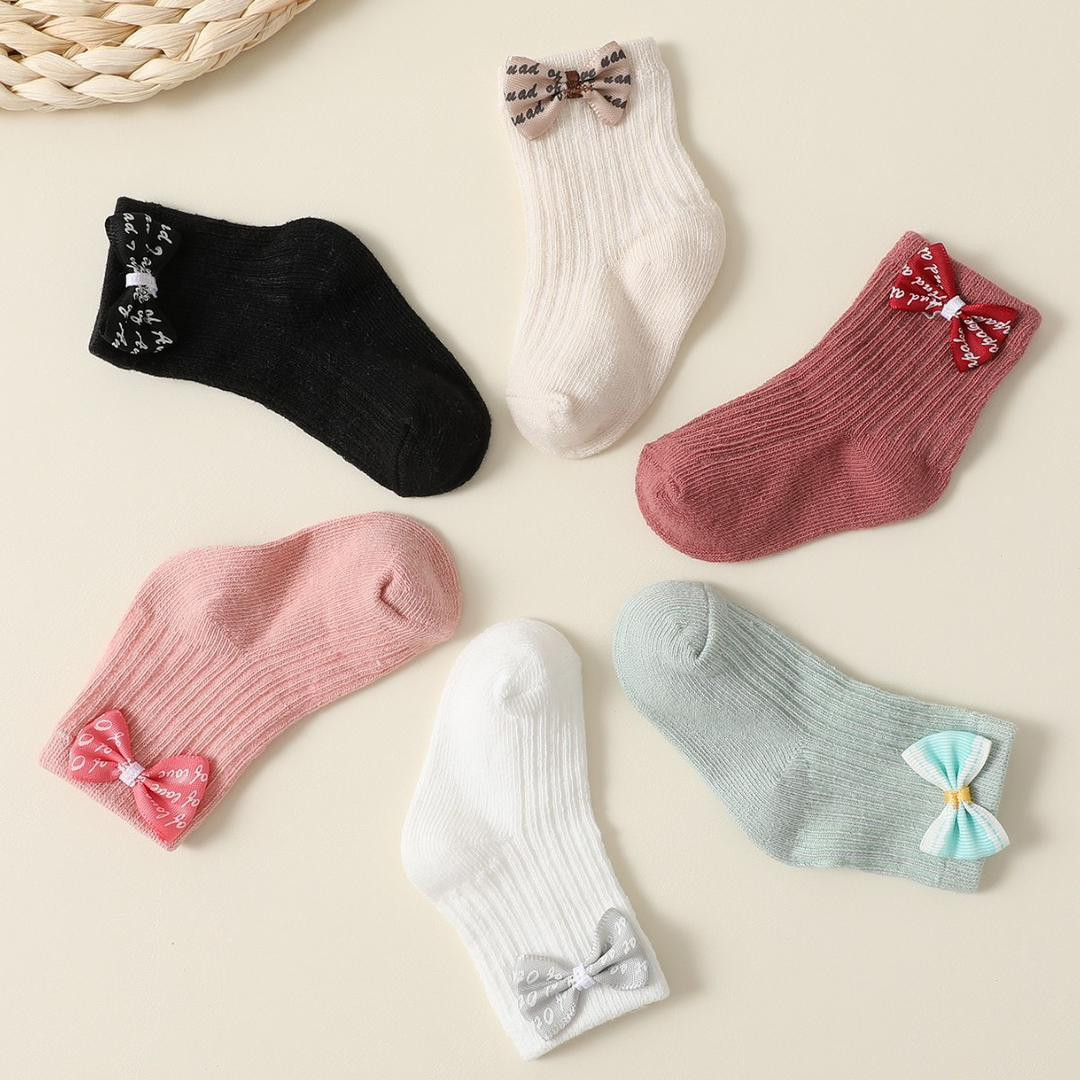جوارب أطفال بنات قطنية(قابلة للتهوية) بتصميم أميرة مزينة بفيونكة، مناسبة لجميع الفصول، 6 أزواج في العبوة