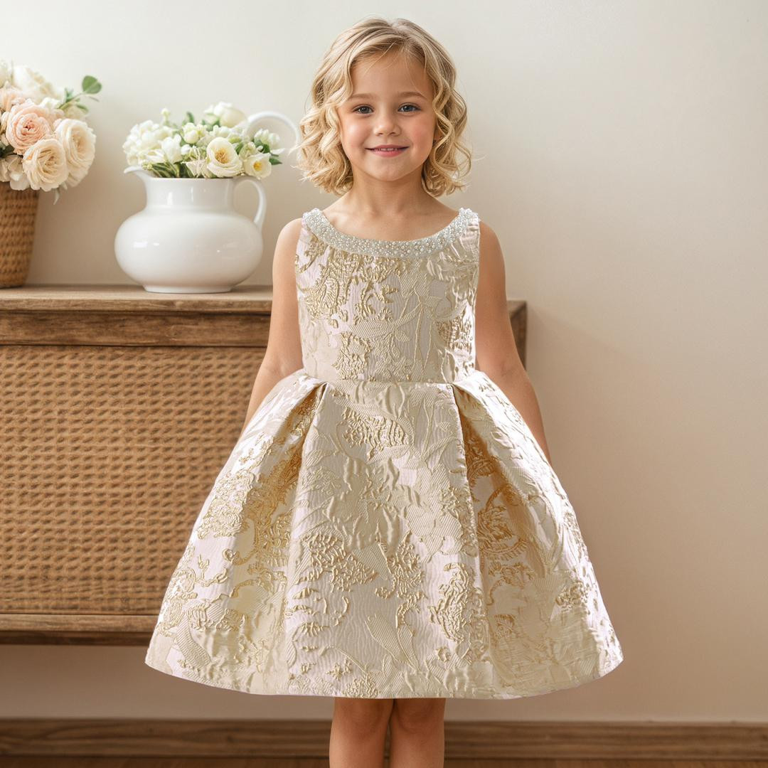 •	فستان بناتي فاخر مطرز بحبات اللؤلؤ لإطلالة ملوكية