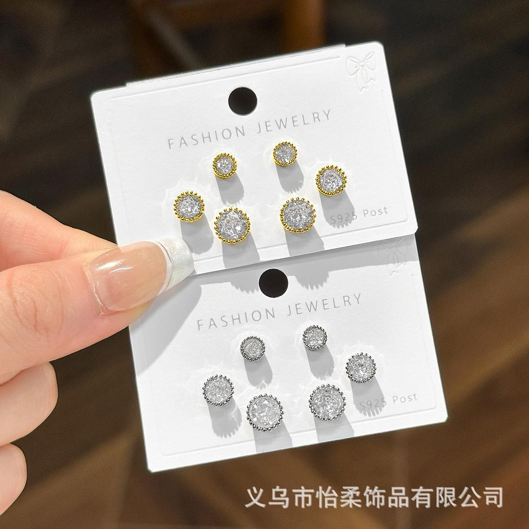 أقراط زركون ٦ قطع إبر فضة، تصميم كوري/أوروبي، مرصعة بزركون لامع