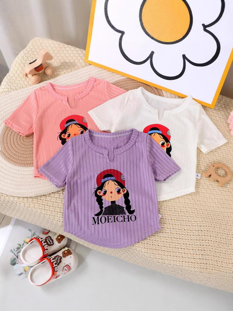 تيشيرت بناتي صيفي 2025 – قماش حريري بارد، نصف كم، خفيف وأنيق للأطفال