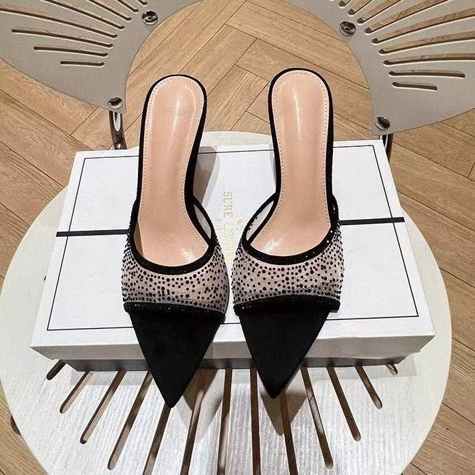 صندل نسائي صيفي بكعب عالي ورأس مدبب بتصميم شفاف من الشبك المرصع بالألماس (مناسب للمناسبات والخروج)