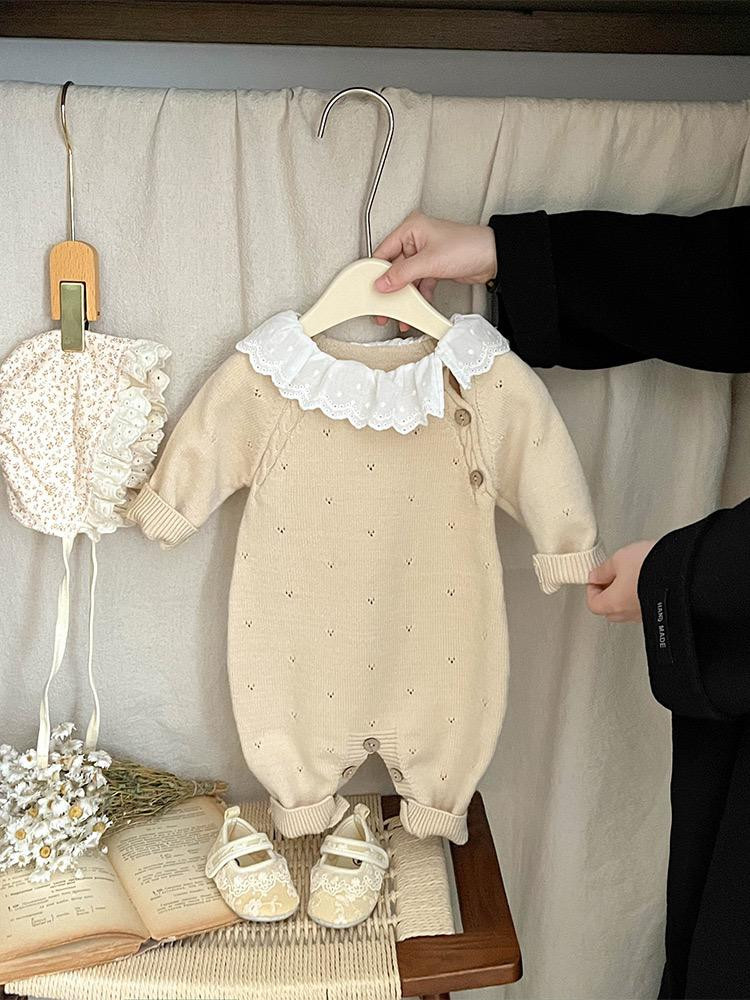 ملابس أطفال – قطعة واحدة شتوية خريفية، سالوبيت محبوك من الصوف للرضع، بياقة مطرزة، تدفئة، بدلة زحف مريحة للأطفال