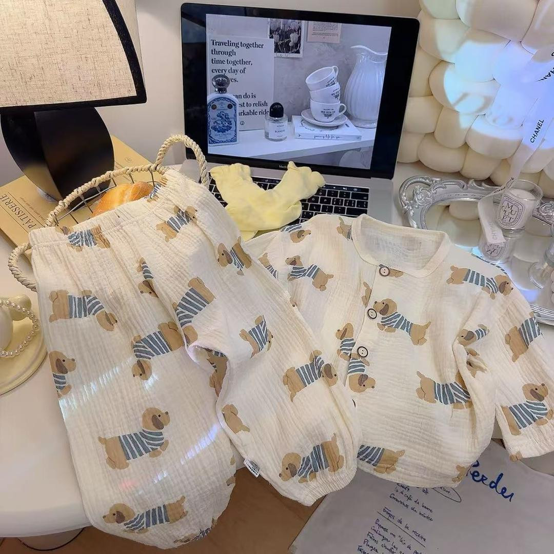 طقم أطفال – بيجامة قطنية من قماش شاش مزدوج (قابل للتنفس)، ملابس منزلية للبنين والبنات