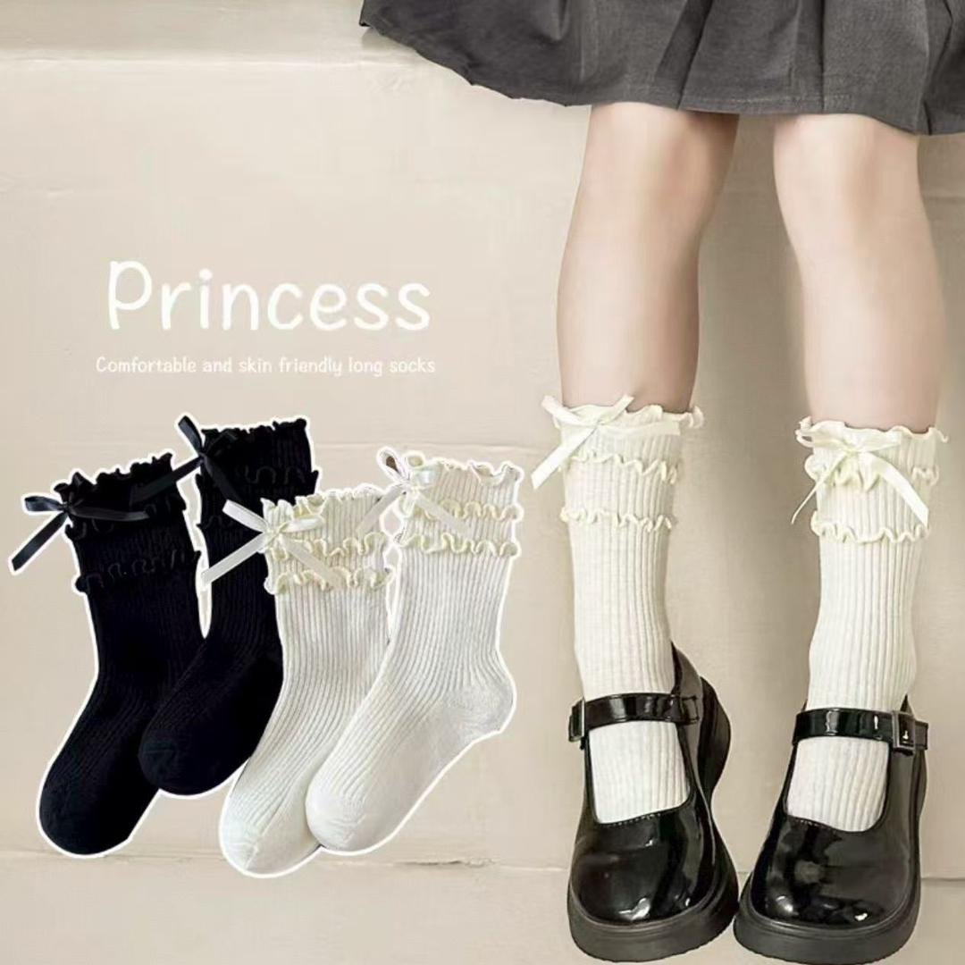 جوارب بناتي ( 2 ازواج )  متوسطة الطول بطبقة دانتيل “لولييتا” بنقش مخطّط