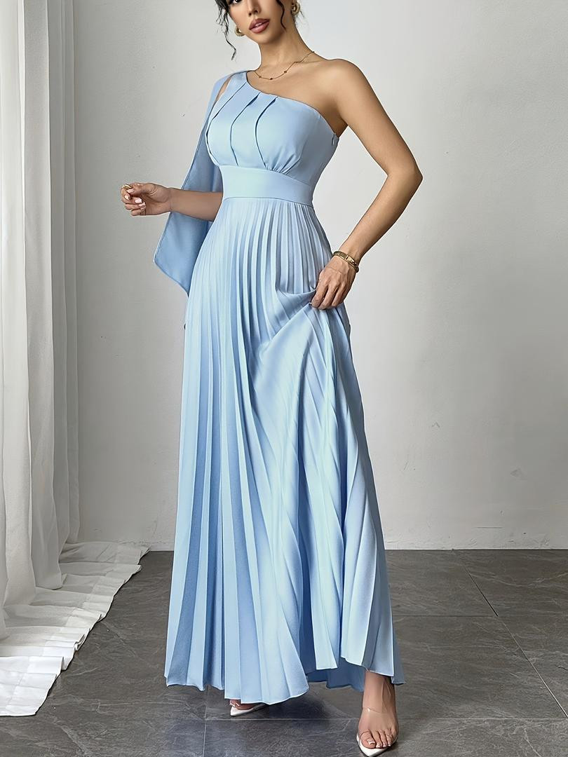 فستان طويل بنمط فرنسي عصري – كتف واحد، شريط يتدلّى، خصر مشدود، وتجعيدات (بيليت)