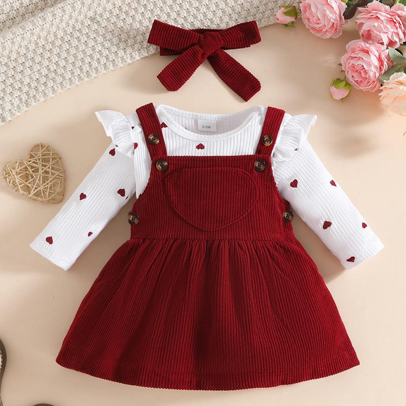 طقم فستان أطفال خريفي شتوي مكون من قطعتين بدي برسمة قلب لطيف مع مريول بحمالات ناعمة