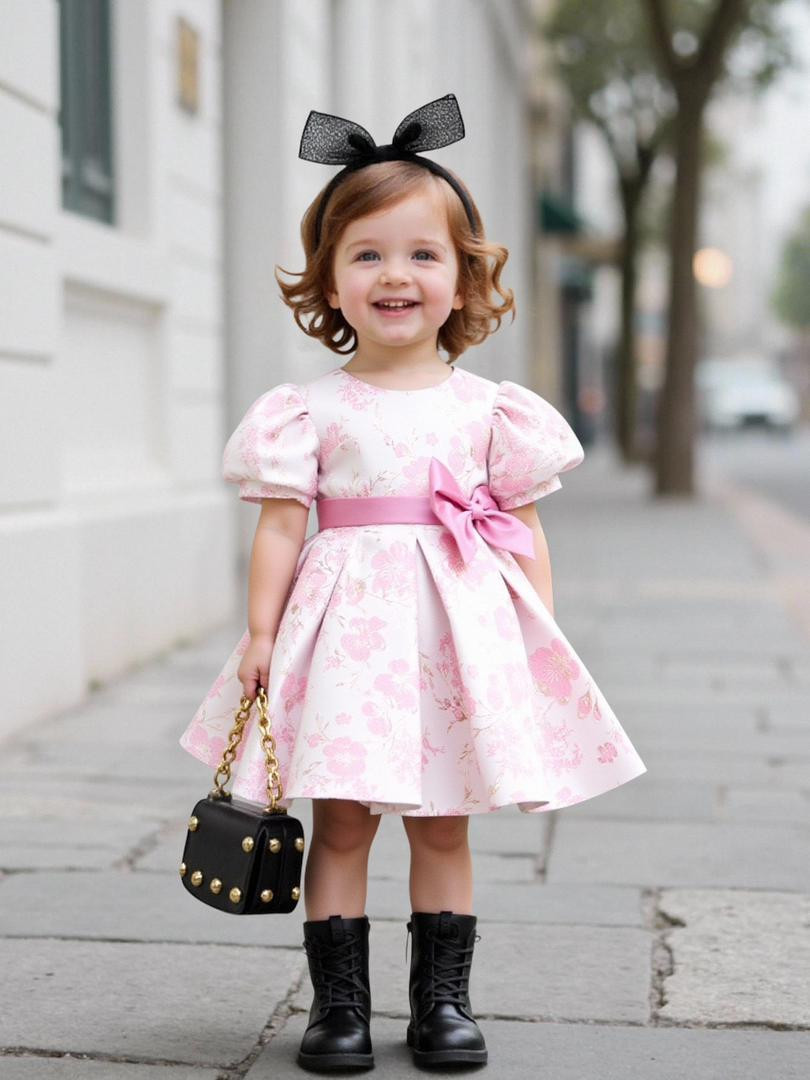 فستان بناتي حفلات (كم منفوش، طباعة أزهار، تصميم أميرة)