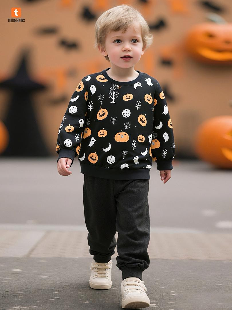 طقم أولادي خريفي جديد بتصميم أنيق مكوّن من قطعتين مستوحى من أجواء الهالوين للأطفال الصغار