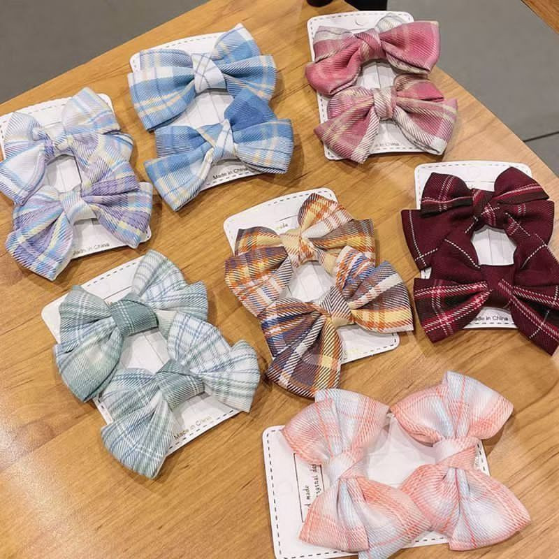 مشبك شعر نسائي بناتي 4 قطع بتصميم مدرسي لطيف بنقشة كارو وبفيونكة أنيقة