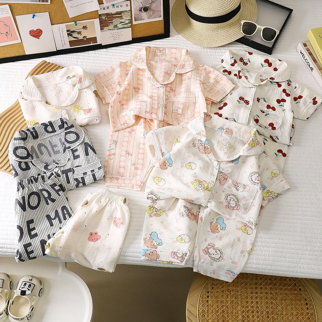 بيجامة أطفال اولادو بنات – طقم خفيف، نصف كم مع بنطال طويل، مناسب للأولاد والبنات كملابس منزلية)