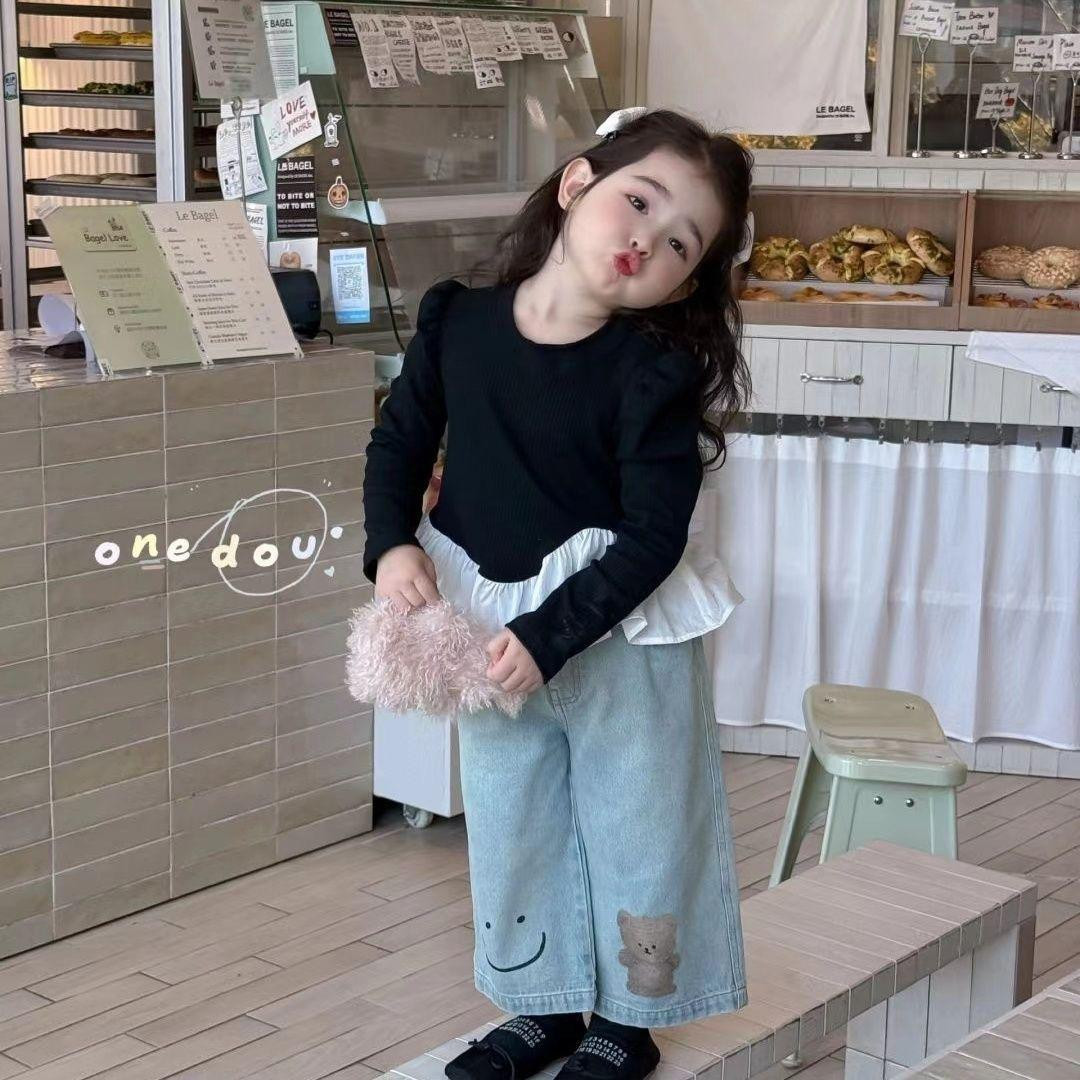 طقم بناتي كيوت قميص أسود + بنطال