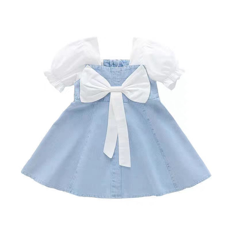 فستان صيفي للبنات الصغيرات بأكمام منفوخة، مزين بفيونكة، تصميم لطيف وأنيق يسهل ارتداؤه