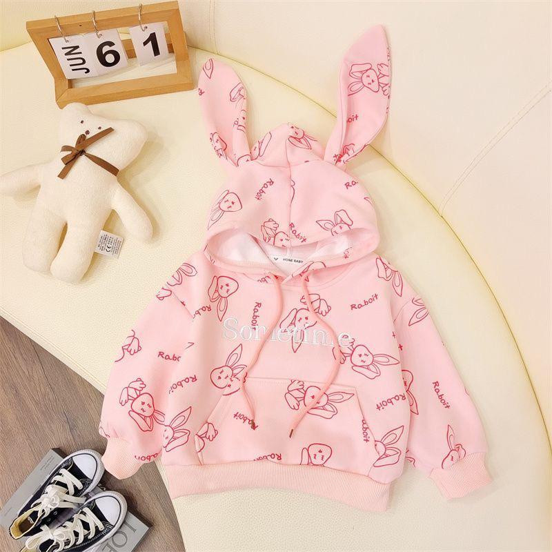 بلوفر أطفال كرتوني بقبعة – خريفي/ربيعي، قطني، مريح وعملي، تصميم أرنب مطبوع، مناسب للبنات والأولاد.