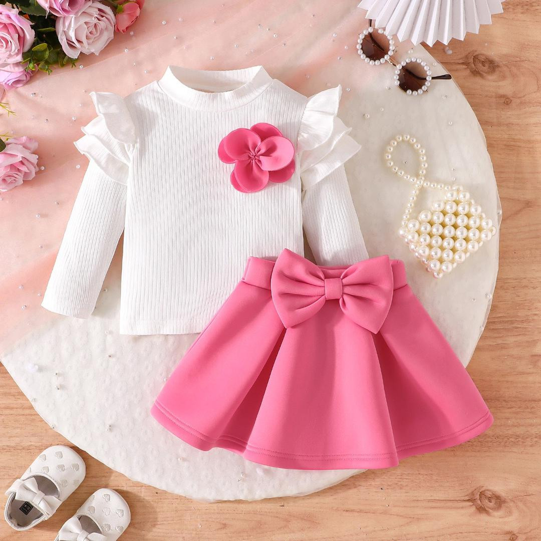 طقم فستان أميرة بناتي جديد لعام مكوّن من بلوزة بأكمام طويلة مزينة بزهور ثلاثية الأبعاد وتنورة أنيقة بفيونكة مجسّمة