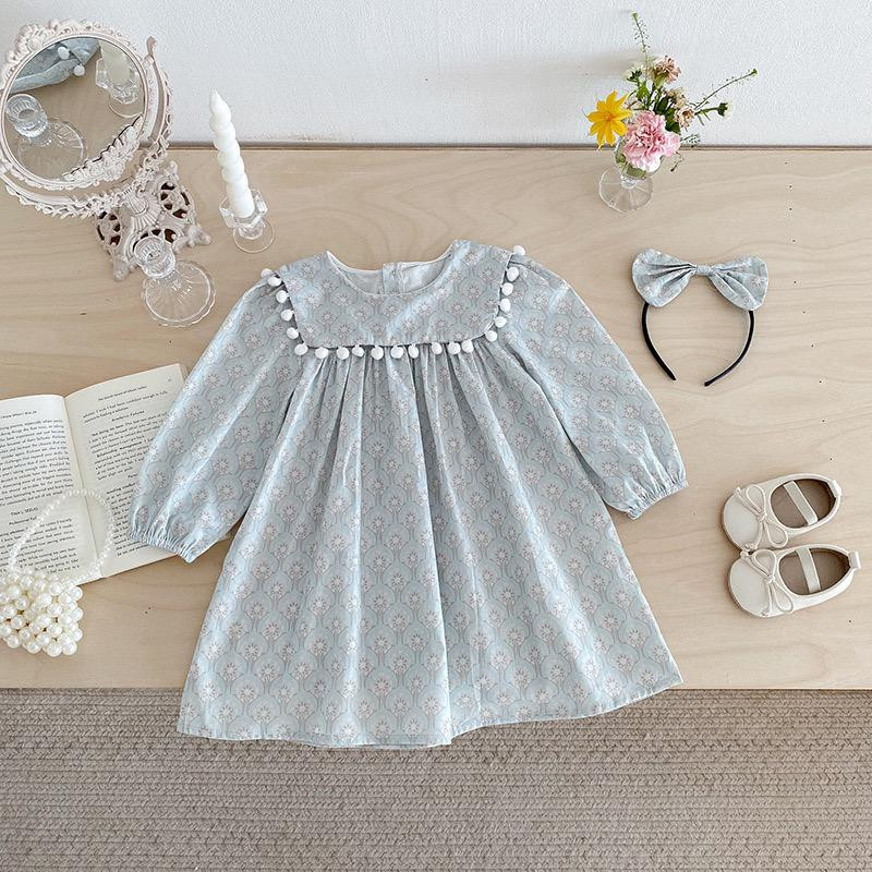 فستان أطفال بناتي – ستايل كوري خريفي 2025 (بدي + تاج + تنورة طويلة الأكمام)