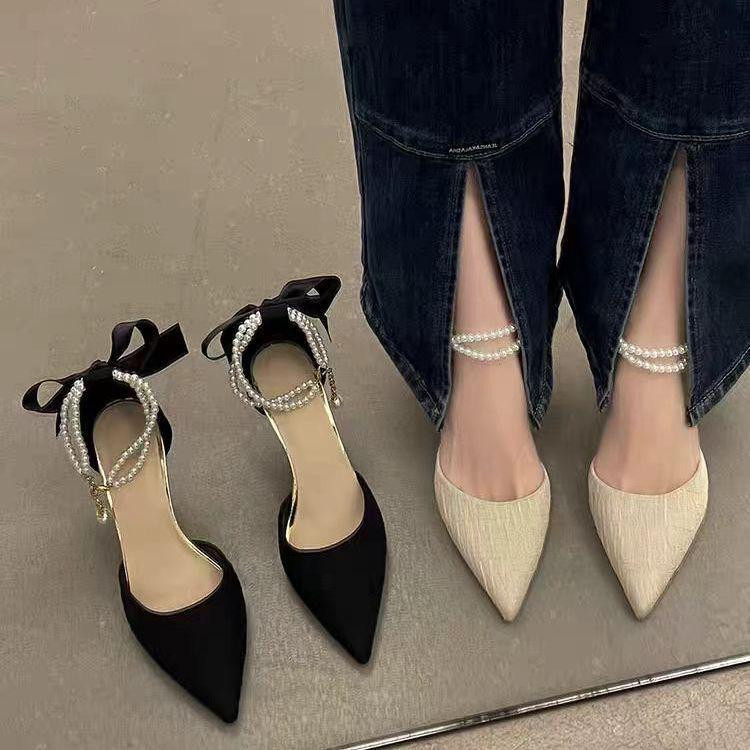 حذاء نسائي كعب عالي – ستايل فرنسي أنيق – رأس مدبب – تصميم بفصوص وفراشة رقيقة – مناسب للسهرة والفستان